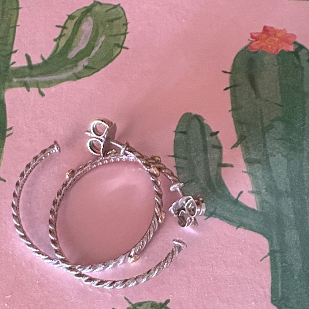 Judith Ripka Silver Twisted Hoop Earrings with Gold Heart Accents